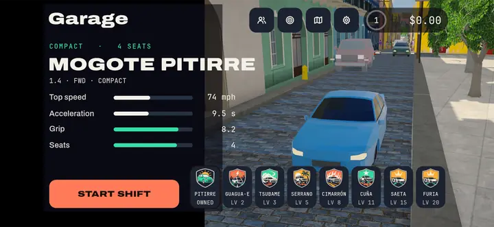 The garage in the game: the Mogote Pitirre selected with its stats, and the eight cars in a row with the level each one opens at